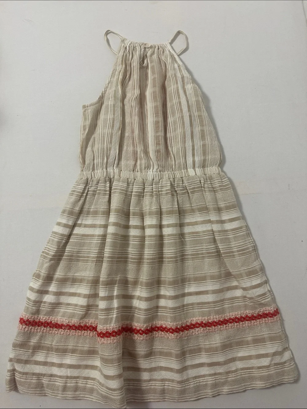 Nordstrom Girls Cream Striped Halter Dress with Coral Trim